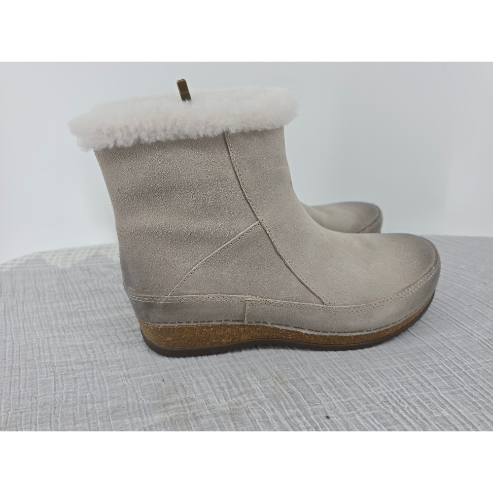 Dansko Grey Suede Sheep Fur Ankle Boots 39 Leather Cork Wedge Zip 9608795300